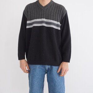 VTG Cherokee Ribbed Knit Sweater Grey Black Striped Preppy Collegiate Medium